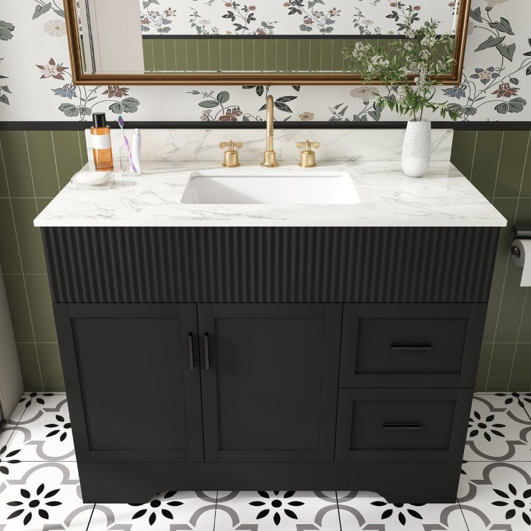 English Elm 43 Inch Modern Fluted Vanity Set Marble Countertop Ceramic Sink Soft Close Drawers W509S00218