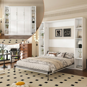 English Elm Queen Murphy Wall Bed with Integrated Storage Cabinets and Solid Wood Slat Support White - A W509S00220