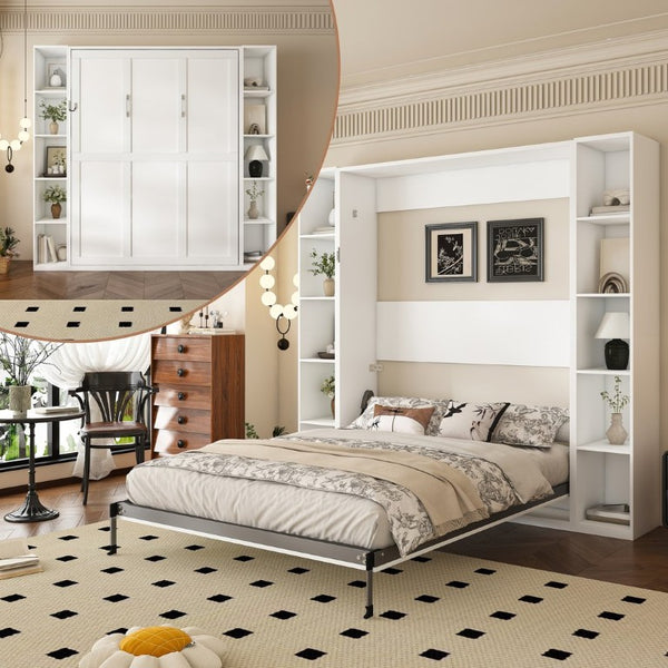 English Elm Queen Murphy Wall Bed with Integrated Storage Cabinets and Solid Wood Slat Support White - A W509S00220