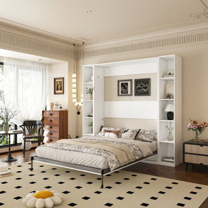 English Elm Queen Murphy Wall Bed with Integrated Storage Cabinets and Solid Wood Slat Support White - A W509S00220