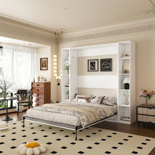 English Elm Queen Murphy Wall Bed with Integrated Storage Cabinets and Solid Wood Slat Support White - A W509S00220