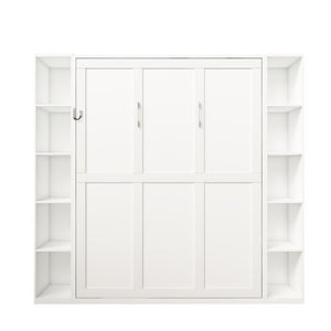 English Elm Queen Murphy Wall Bed with Integrated Storage Cabinets and Solid Wood Slat Support White - A W509S00220