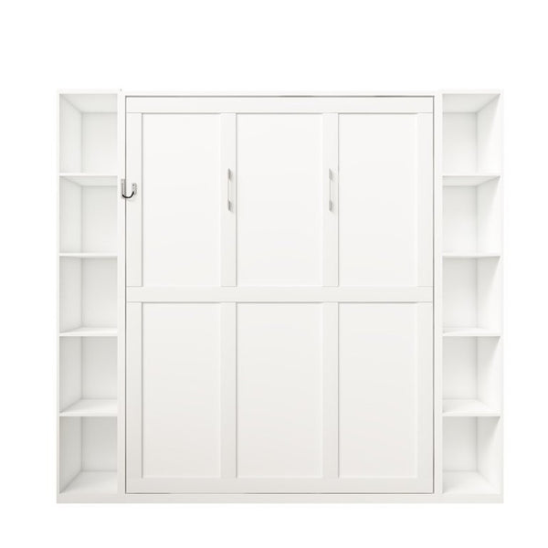 English Elm Queen Murphy Wall Bed with Integrated Storage Cabinets and Solid Wood Slat Support White - A W509S00220