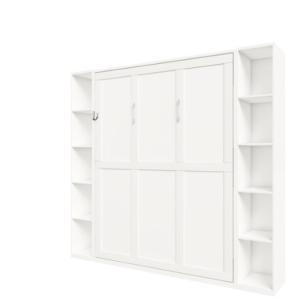 English Elm Queen Murphy Wall Bed with Integrated Storage Cabinets and Solid Wood Slat Support White - A W509S00220