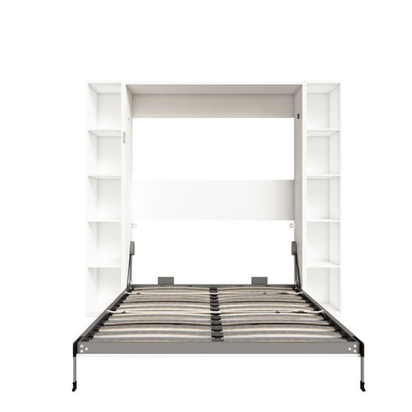 English Elm Queen Murphy Wall Bed with Integrated Storage Cabinets and Solid Wood Slat Support White - A W509S00220
