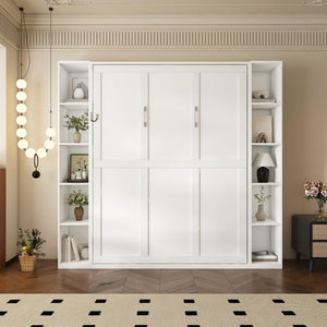 English Elm Queen Murphy Wall Bed with Integrated Storage Cabinets and Solid Wood Slat Support White - A W509S00220