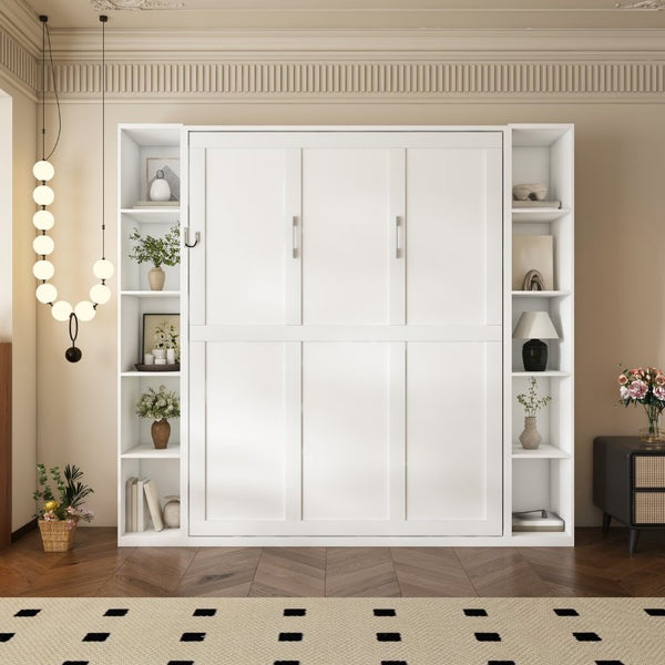 English Elm Queen Murphy Wall Bed with Integrated Storage Cabinets and Solid Wood Slat Support White - A W509S00220