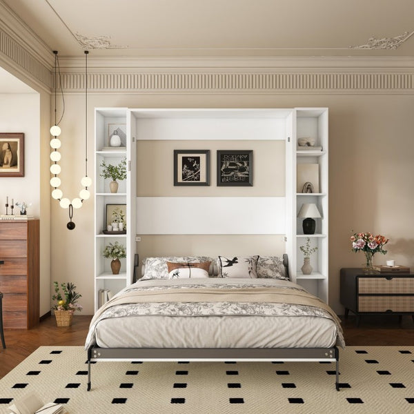 English Elm Queen Murphy Wall Bed with Integrated Storage Cabinets and Solid Wood Slat Support White - A W509S00220