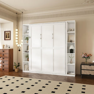 English Elm Queen Murphy Wall Bed with Integrated Storage Cabinets and Solid Wood Slat Support White - A W509S00220