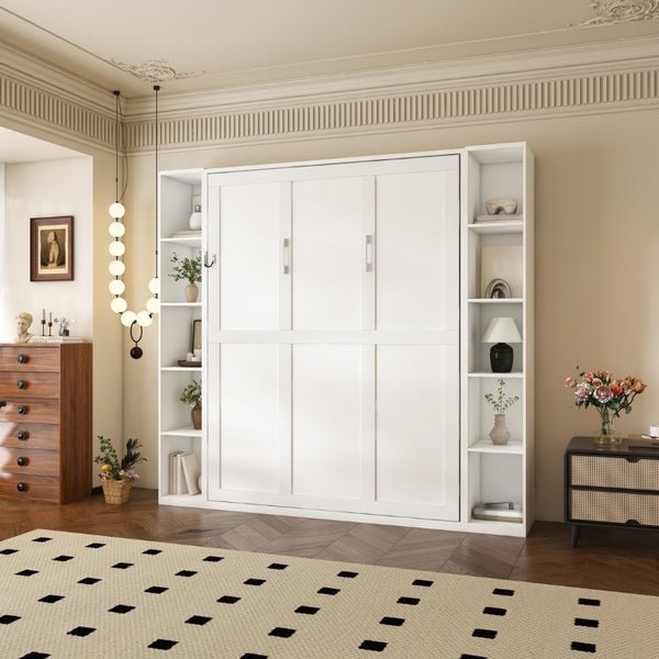 English Elm Queen Murphy Wall Bed with Integrated Storage Cabinets and Solid Wood Slat Support White - A W509S00220