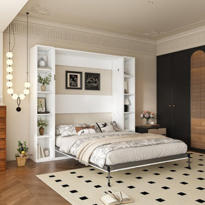 English Elm Queen Murphy Wall Bed with Integrated Storage Cabinets and Solid Wood Slat Support White - A W509S00220