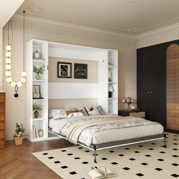 English Elm Queen Murphy Wall Bed with Integrated Storage Cabinets and Solid Wood Slat Support White - A W509S00220