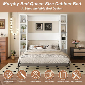 English Elm Queen Murphy Wall Bed with Integrated Storage Cabinets and Solid Wood Slat Support White - A W509S00220