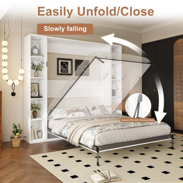 English Elm Queen Murphy Wall Bed with Integrated Storage Cabinets and Solid Wood Slat Support White - A W509S00220