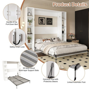English Elm Queen Murphy Wall Bed with Integrated Storage Cabinets and Solid Wood Slat Support White - A W509S00220