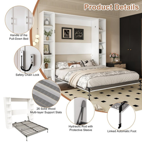English Elm Queen Murphy Wall Bed with Integrated Storage Cabinets and Solid Wood Slat Support White - A W509S00220