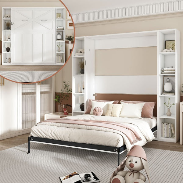 English Elm Queen Murphy Wall Bed with Integrated Storage Cabinets and Solid Wood Slat Support White - B W509S00222
