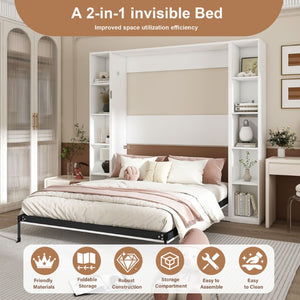 English Elm Queen Murphy Wall Bed with Integrated Storage Cabinets and Solid Wood Slat Support White - B W509S00222