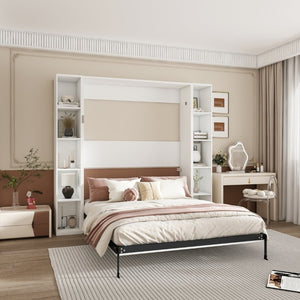 English Elm Queen Murphy Wall Bed with Integrated Storage Cabinets and Solid Wood Slat Support White - B W509S00222