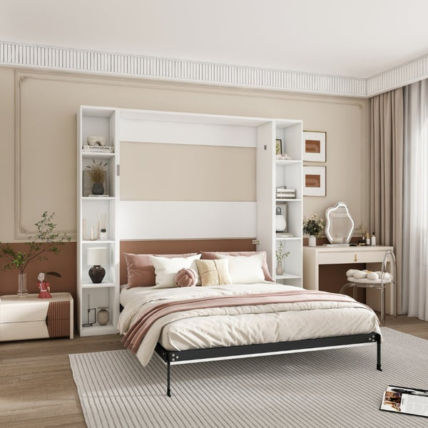 English Elm Queen Murphy Wall Bed with Integrated Storage Cabinets and Solid Wood Slat Support White - B W509S00222