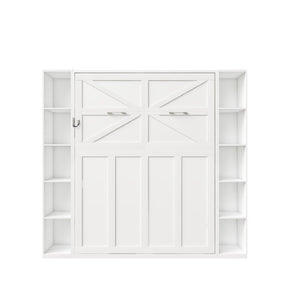 English Elm Queen Murphy Wall Bed with Integrated Storage Cabinets and Solid Wood Slat Support White - B W509S00222