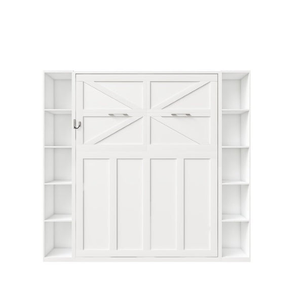 English Elm Queen Murphy Wall Bed with Integrated Storage Cabinets and Solid Wood Slat Support White - B W509S00222