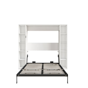 English Elm Queen Murphy Wall Bed with Integrated Storage Cabinets and Solid Wood Slat Support White - B W509S00222