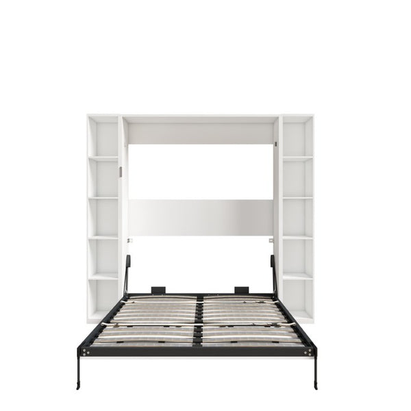 English Elm Queen Murphy Wall Bed with Integrated Storage Cabinets and Solid Wood Slat Support White - B W509S00222
