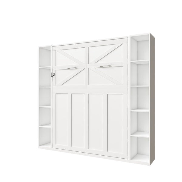 English Elm Queen Murphy Wall Bed with Integrated Storage Cabinets and Solid Wood Slat Support White - B W509S00222