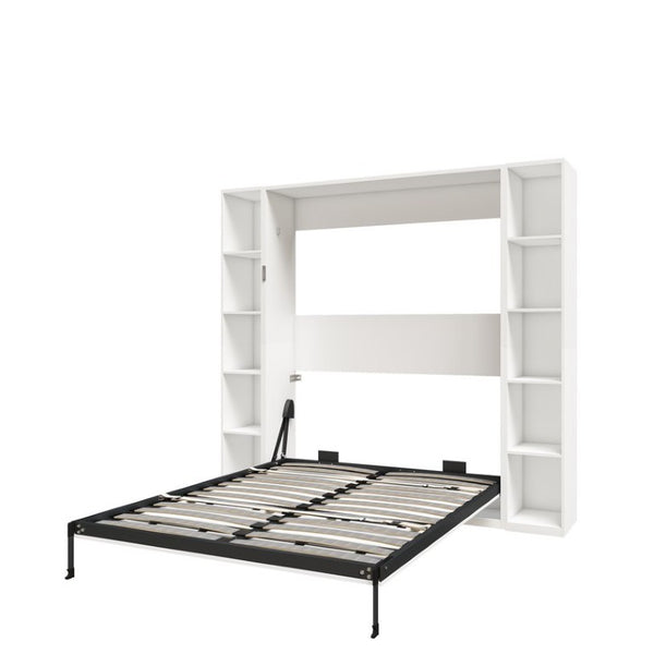 English Elm Queen Murphy Wall Bed with Integrated Storage Cabinets and Solid Wood Slat Support White - B W509S00222