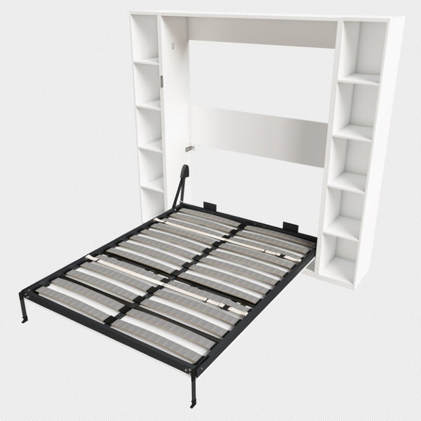 English Elm Queen Murphy Wall Bed with Integrated Storage Cabinets and Solid Wood Slat Support White - B W509S00222