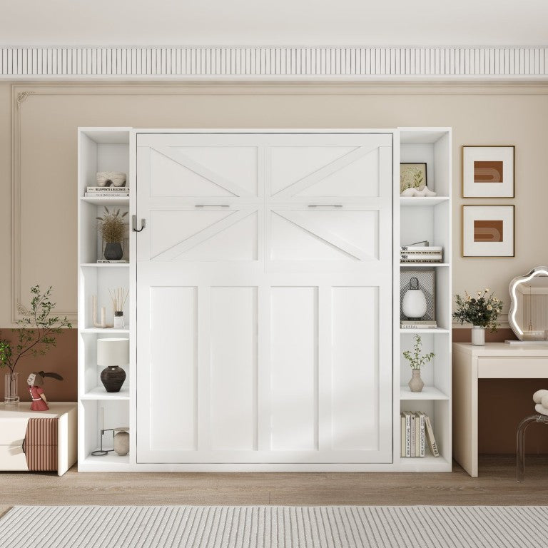 English Elm Queen Murphy Wall Bed with Integrated Storage Cabinets and Solid Wood Slat Support White - B W509S00222