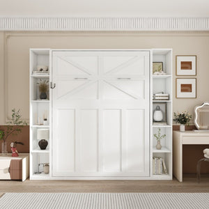 English Elm Queen Murphy Wall Bed with Integrated Storage Cabinets and Solid Wood Slat Support White - B W509S00222