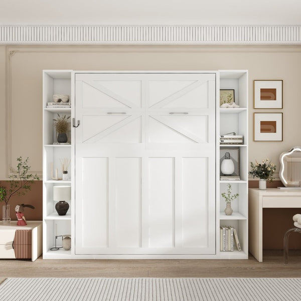 English Elm Queen Murphy Wall Bed with Integrated Storage Cabinets and Solid Wood Slat Support White - B W509S00222