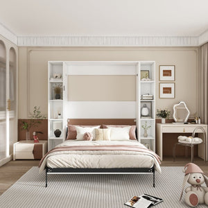 English Elm Queen Murphy Wall Bed with Integrated Storage Cabinets and Solid Wood Slat Support White - B W509S00222