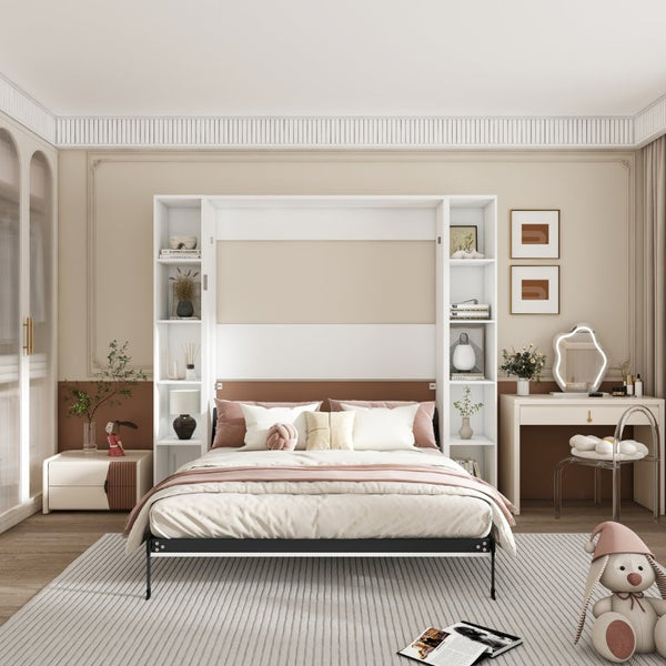 English Elm Queen Murphy Wall Bed with Integrated Storage Cabinets and Solid Wood Slat Support White - B W509S00222