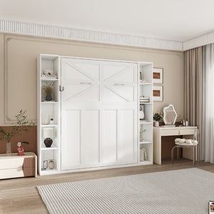 English Elm Queen Murphy Wall Bed with Integrated Storage Cabinets and Solid Wood Slat Support White - B W509S00222