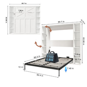 English Elm Queen Murphy Wall Bed with Integrated Storage Cabinets and Solid Wood Slat Support White - B W509S00222