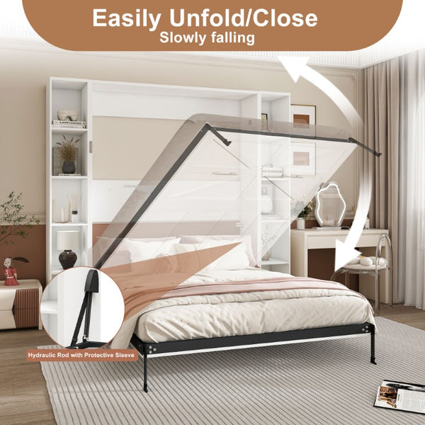 English Elm Queen Murphy Wall Bed with Integrated Storage Cabinets and Solid Wood Slat Support White - B W509S00222