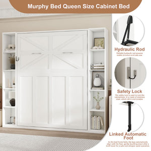 English Elm Queen Murphy Wall Bed with Integrated Storage Cabinets and Solid Wood Slat Support White - B W509S00222
