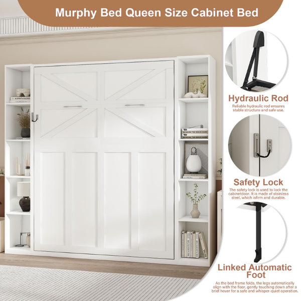 English Elm Queen Murphy Wall Bed with Integrated Storage Cabinets and Solid Wood Slat Support White - B W509S00222