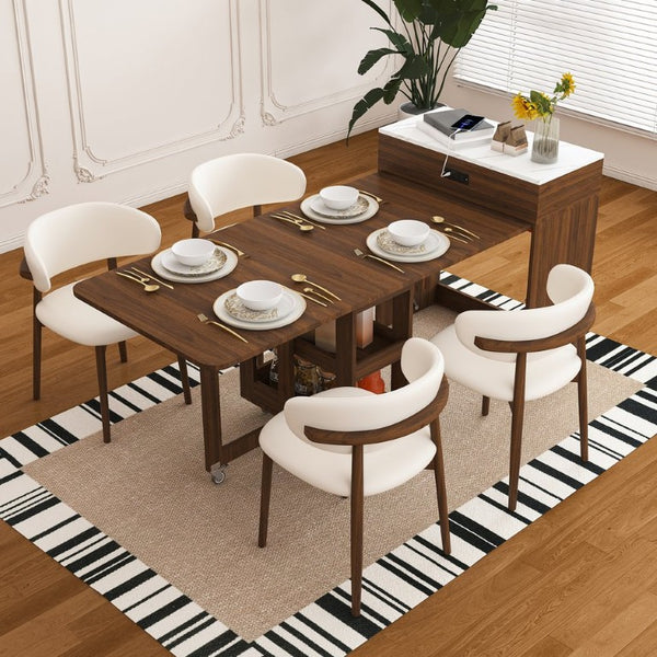 English Elm 74 Inch Expandable Faux Marble Dining Set with Casters Power Socket and Folding Storage W509S00224