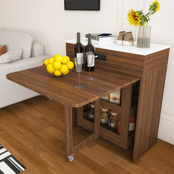 English Elm 74 Inch Expandable Faux Marble Dining Set with Casters Power Socket and Folding Storage W509S00224
