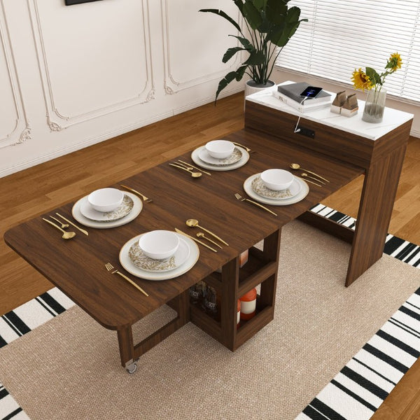 English Elm 74 Inch Expandable Faux Marble Dining Set with Casters Power Socket and Folding Storage W509S00224