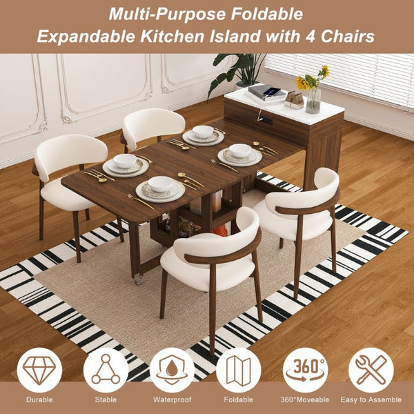 English Elm 74 Inch Expandable Faux Marble Dining Set with Casters Power Socket and Folding Storage W509S00224
