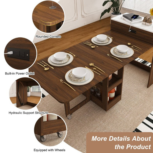 English Elm 74 Inch Expandable Faux Marble Dining Set with Casters Power Socket and Folding Storage W509S00224