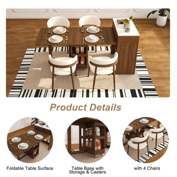 English Elm 74 Inch Expandable Faux Marble Dining Set with Casters Power Socket and Folding Storage W509S00224