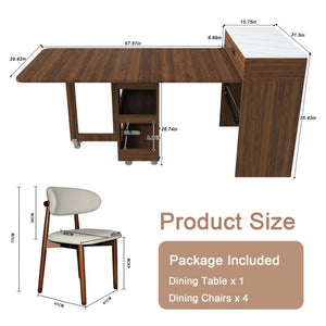 English Elm 74 Inch Expandable Faux Marble Dining Set with Casters Power Socket and Folding Storage W509S00224