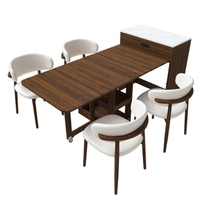 English Elm 74 Inch Expandable Faux Marble Dining Set with Casters Power Socket and Folding Storage W509S00224
