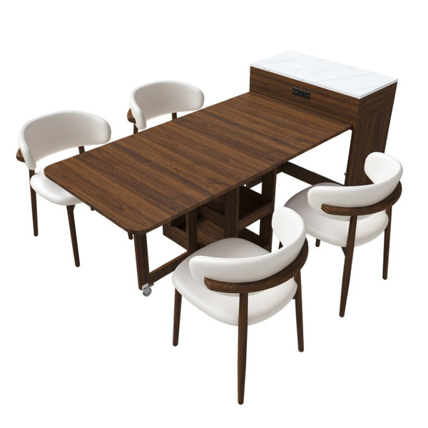 English Elm 74 Inch Expandable Faux Marble Dining Set with Casters Power Socket and Folding Storage W509S00224